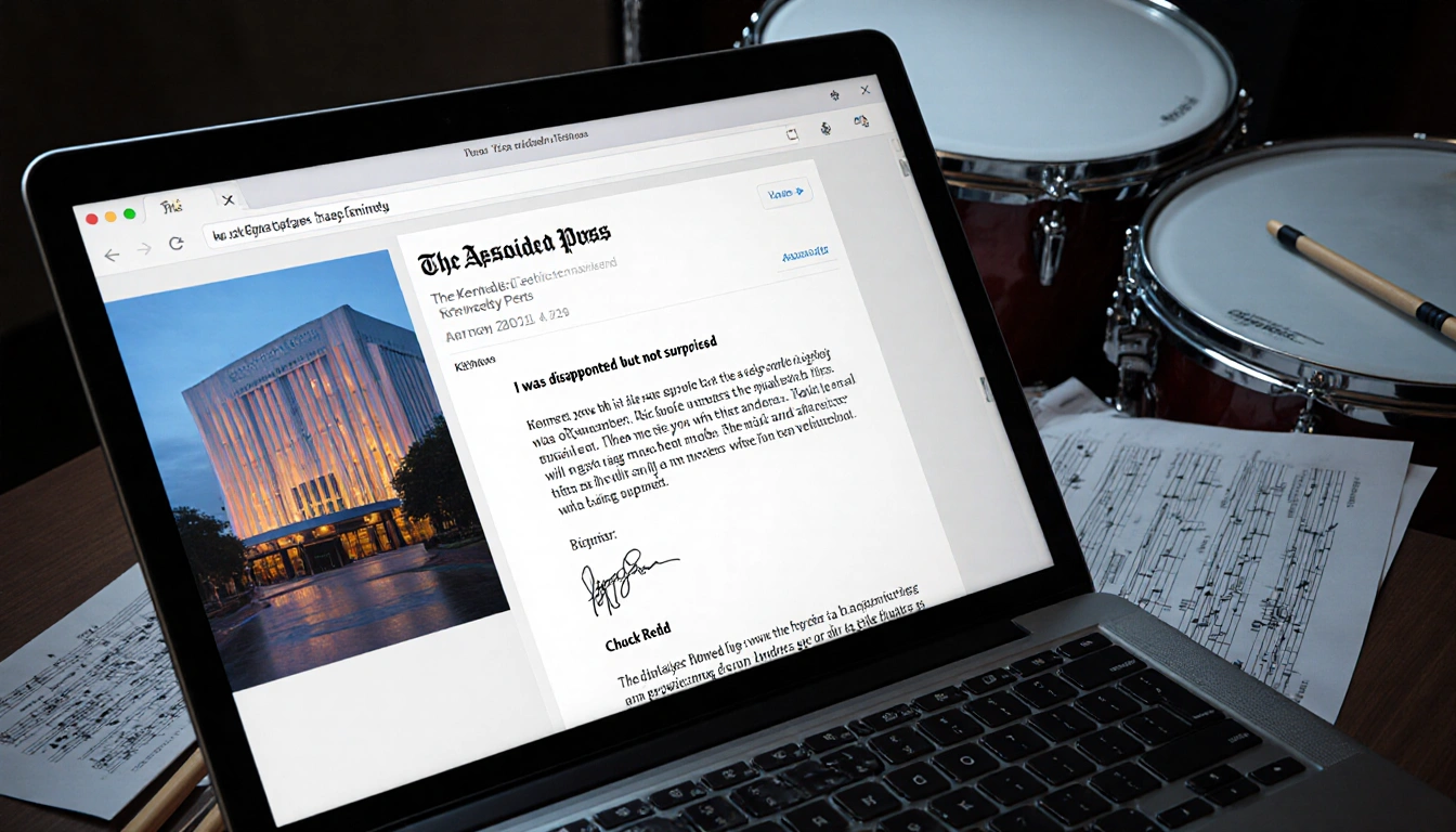 Email inbox opens on drumset with laptop showing Associated Press email and faint Kennedy Center backdrop