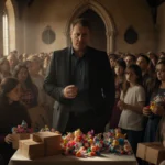 Billy Davis addressing parents and children with a worried expression about the canceled toy in a church hall