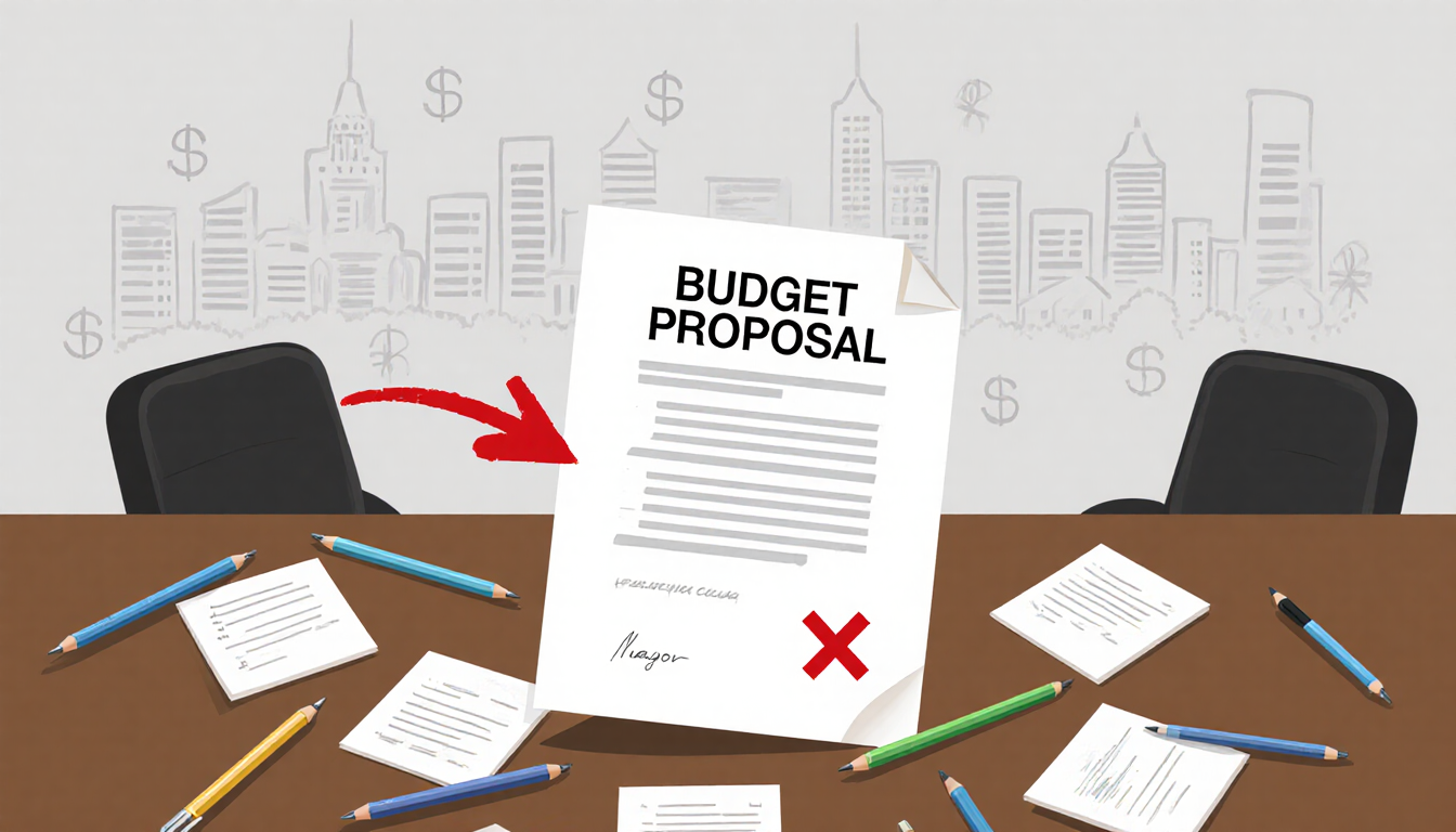 Budget proposal document with red X sits center on council table with scattered notes and arrow to mayor name