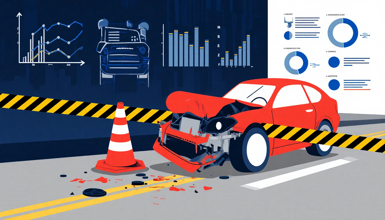 Wrecked car stands amid traffic cone and caution tape with bright crash statistics and traffic safety charts in foreground.