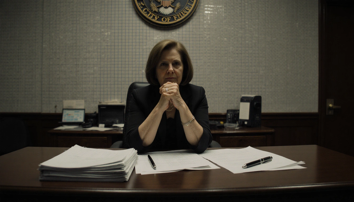 Marie Poindexter-Hornback defiant at city hall desk with ledger grid wall and abandoned papers