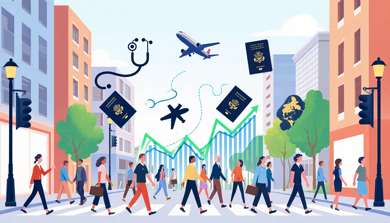 Shoppers strolling through city street with stethoscope icons and passports amid rising stock chart background