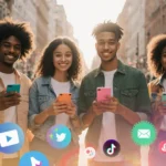 Teenagers standing together holding smartphones with social media icons and warm city street glow