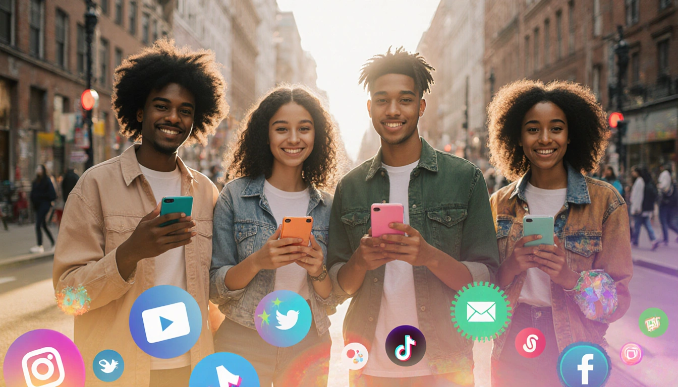 Teenagers standing together holding smartphones with social media icons and warm city street glow