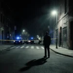 Lone figure standing looking up toward police light with police cars blocking streets and shadows stretching across pavement
