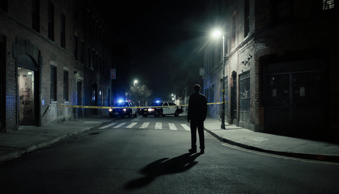 Lone figure standing looking up toward police light with police cars blocking streets and shadows stretching across pavement