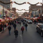 Pedestrians strolling with colorful murals and twinkling lights and holiday stalls on City Terrace