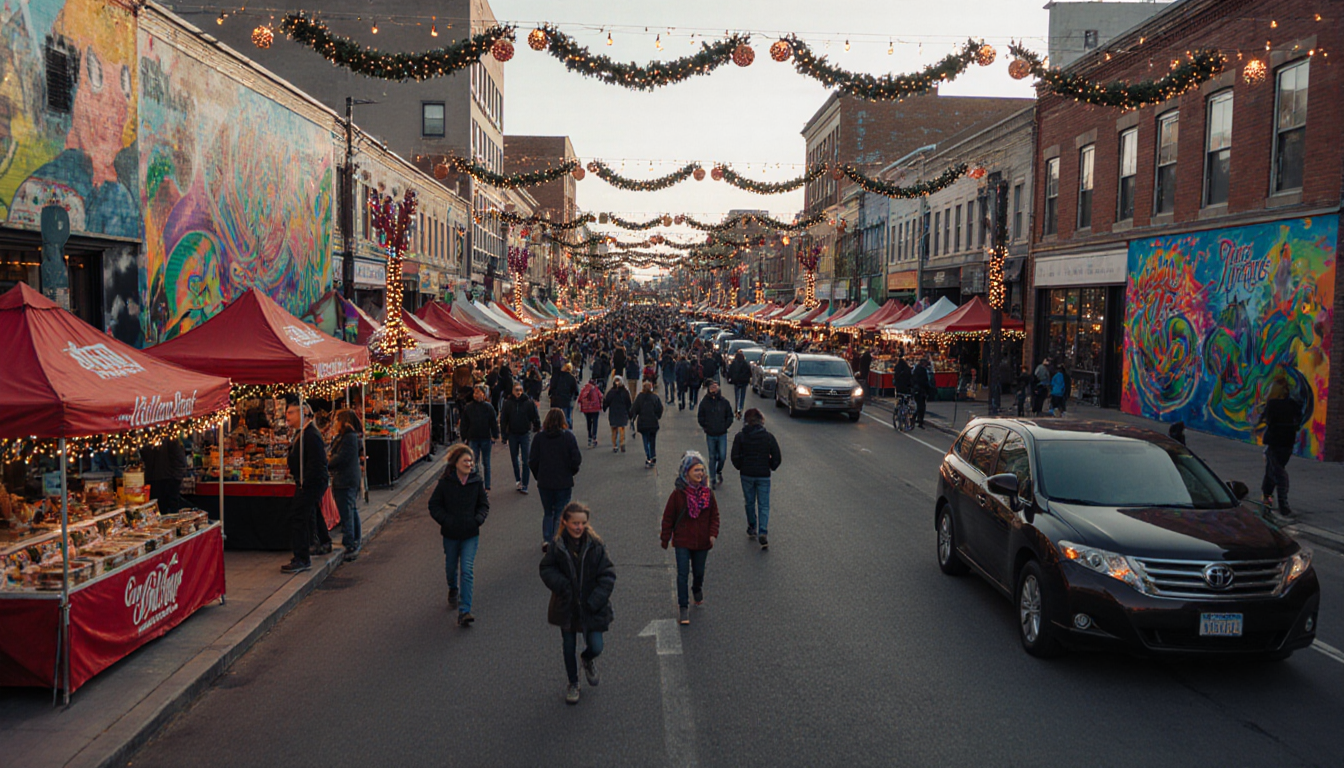 Pedestrians strolling with colorful murals and twinkling lights and holiday stalls on City Terrace