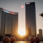 City skyline shows the Las Vegas Cosmopolitan and Seattle Space Needle with warm sunset glow and NBA hoops near the bases