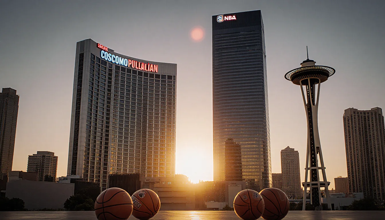 City skyline shows the Las Vegas Cosmopolitan and Seattle Space Needle with warm sunset glow and NBA hoops near the bases