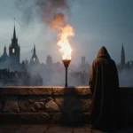 Silhouetted figure holding torch with warm glow lighting muted cityscape at dusk