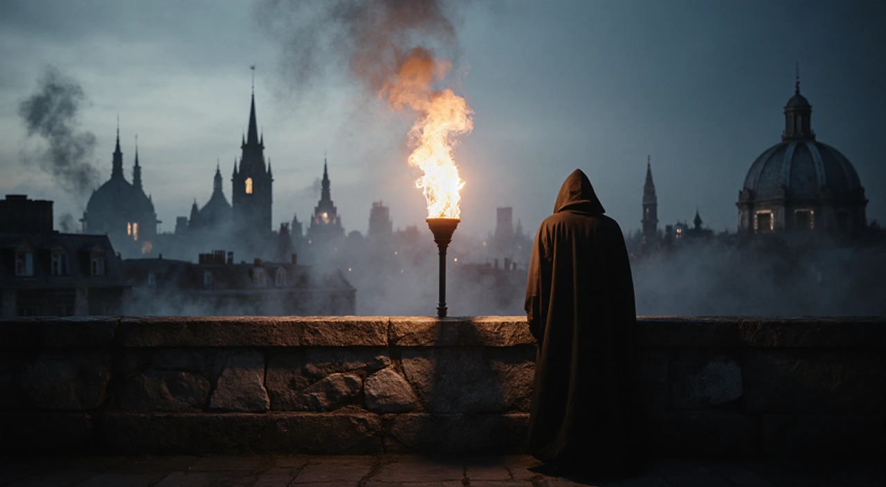 Silhouetted figure holding torch with warm glow lighting muted cityscape at dusk
