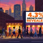 Business people walking into a coffee shop with lights and a TV headline showing 4.3% growth rate in a cityscape at dusk.