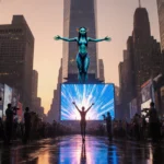 Neytiri stands on skyscraper with arms outstretched over futuristic cityscape with neon‑lit sunset.