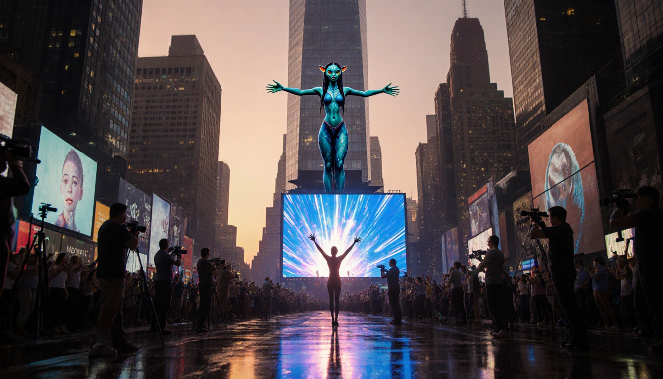 Neytiri stands on skyscraper with arms outstretched over futuristic cityscape with neon‑lit sunset.