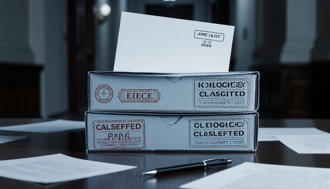 Stack of classified files peeks from desk with stamped markings and a timestamped sheet blurred courthouse in background