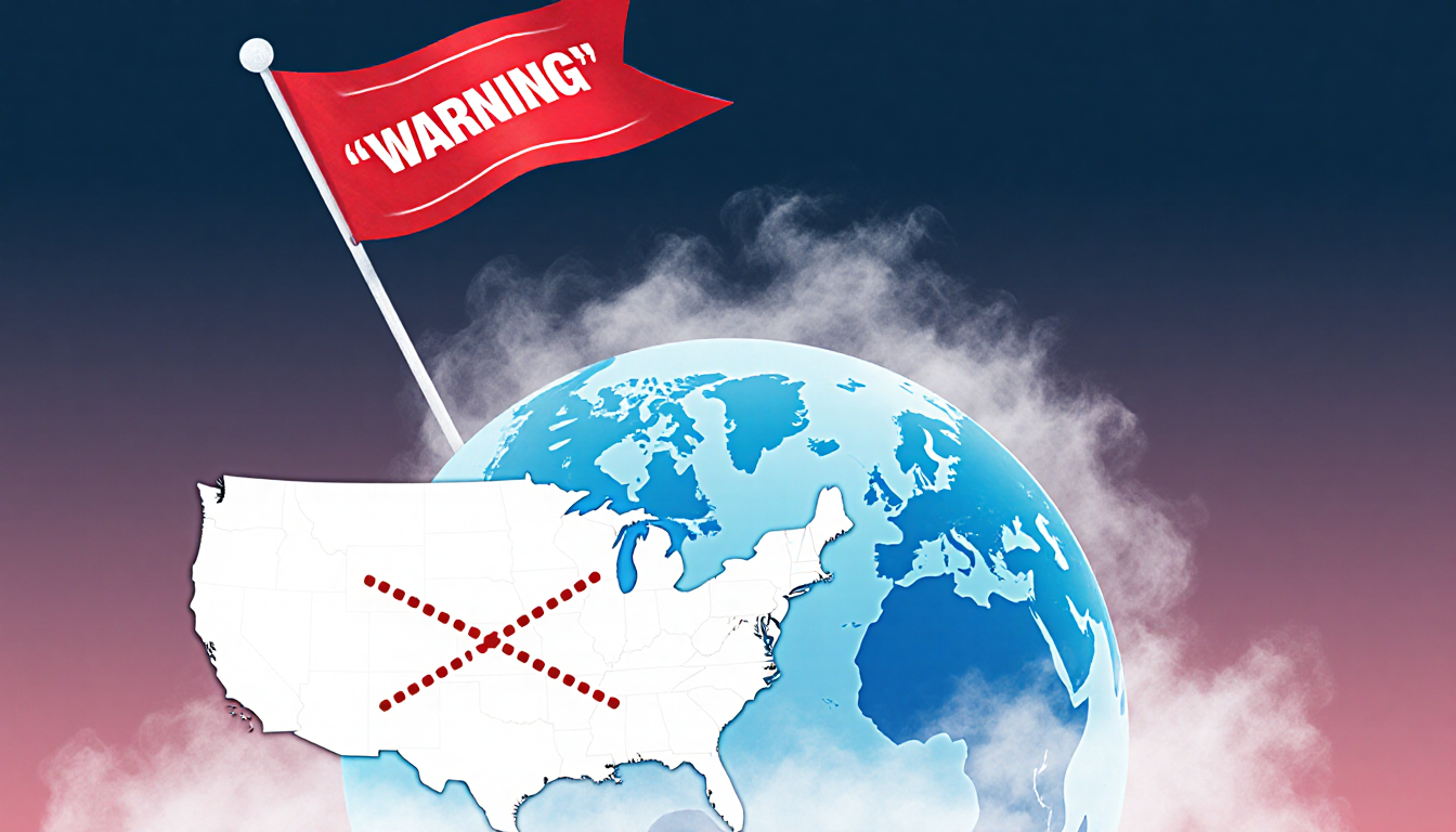 Globe fluttering red warning flag with wispy white smoke and dotted line crossing US outline showing climate crisis