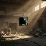 Shattered computer screen hangs from torn pipe with overgrown vegetation and golden light in climate research center