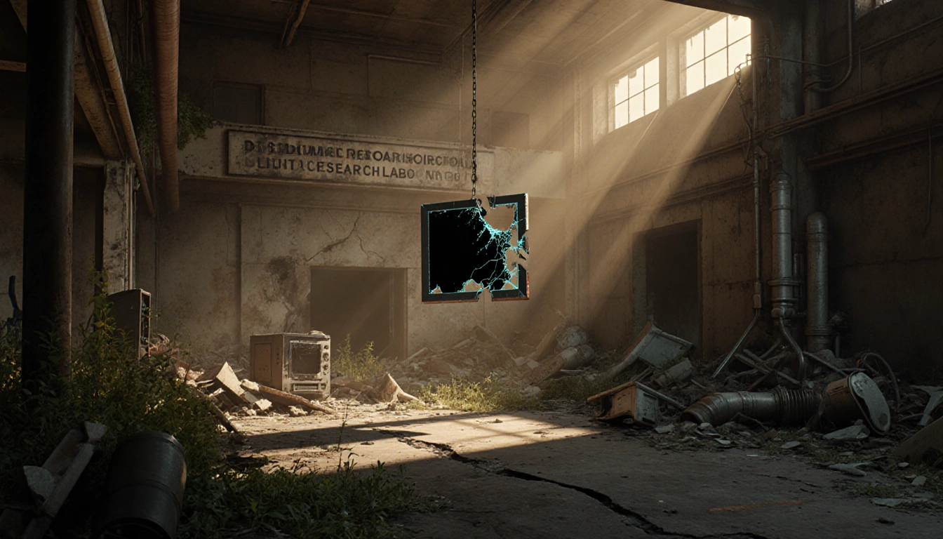 Shattered computer screen hangs from torn pipe with overgrown vegetation and golden light in climate research center