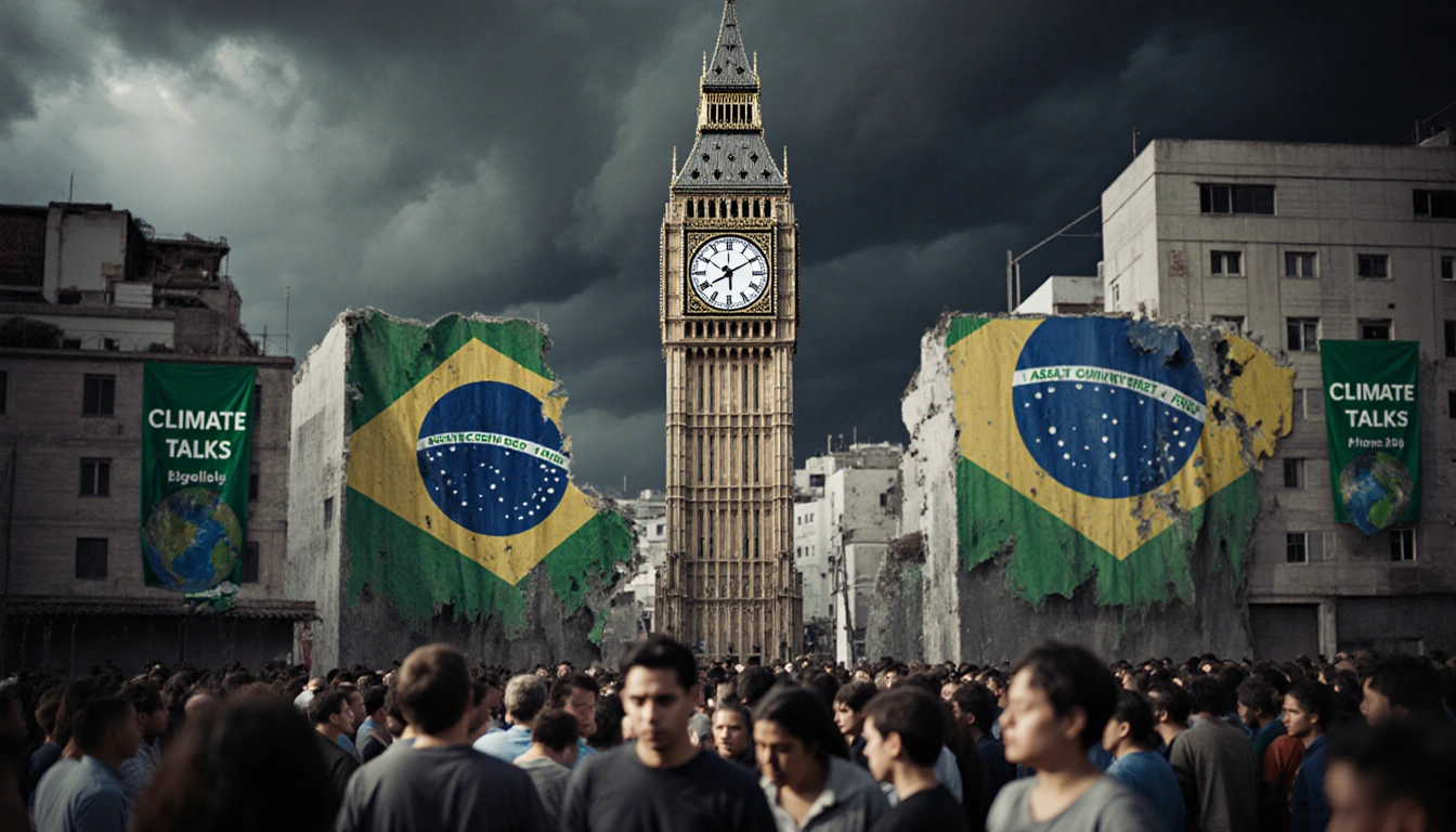 Clock tower ticking amid a crowded cityscape with storm clouds over Brazil