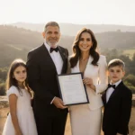 George Clooney holding certificate with Amal and twins in formal dress celebrating in French garden