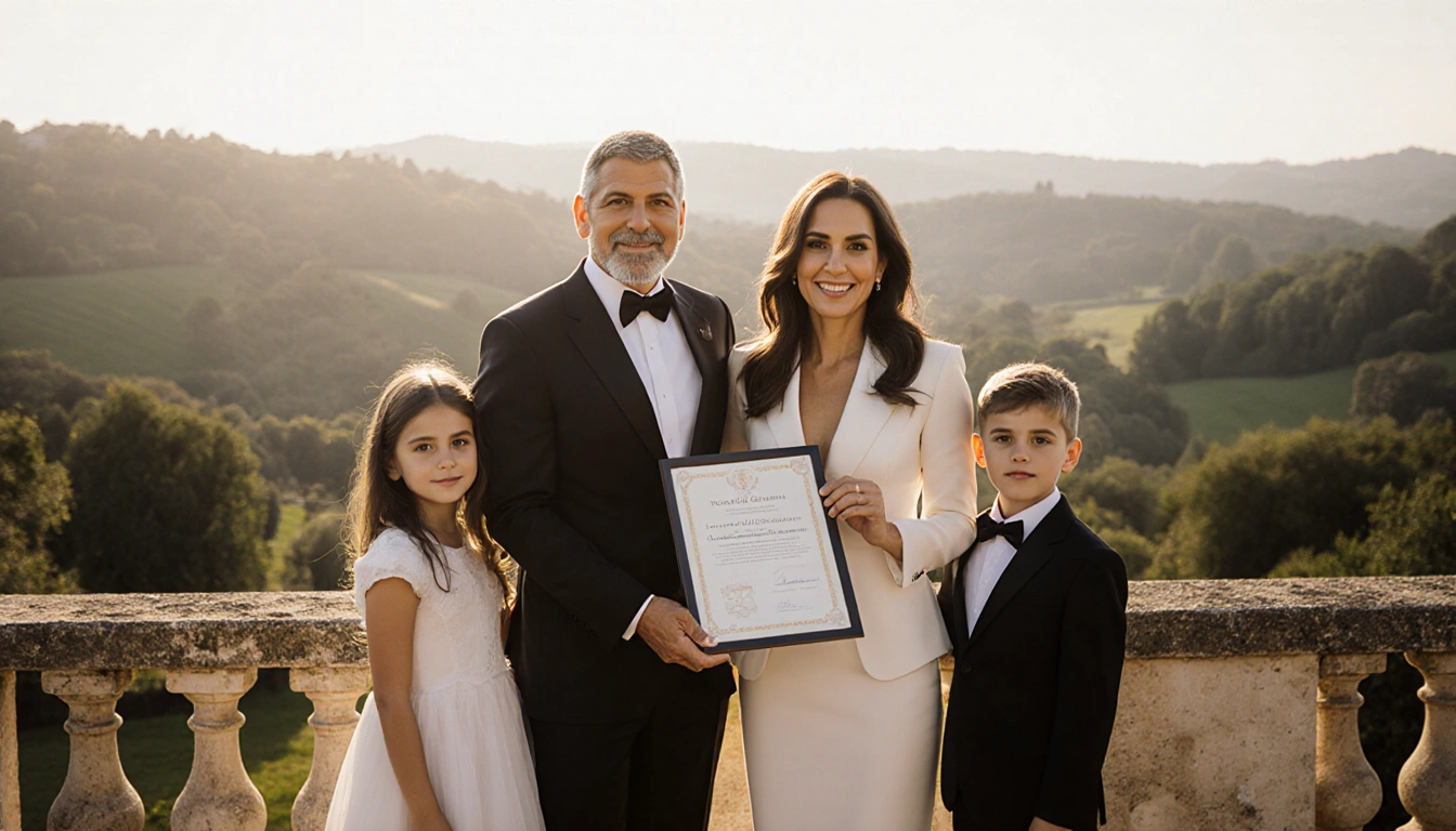 George Clooney holding certificate with Amal and twins in formal dress celebrating in French garden