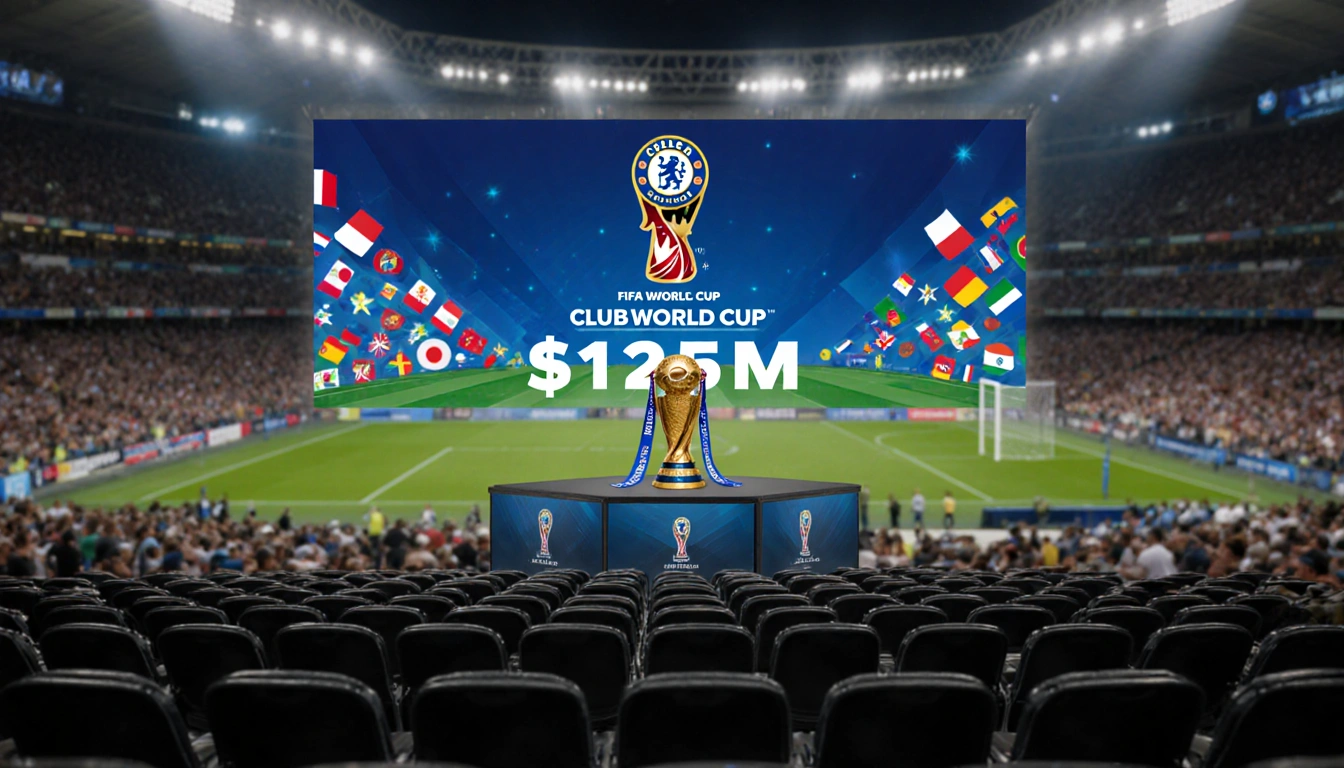 Stadium fills seats showing attendance during Club World Cup with LED screen showing $125M prize fund and trophy on field