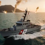 Coast Guard patrol boat speeding through turquoise waters with Venezuelan coastline in background and a golden sunset.