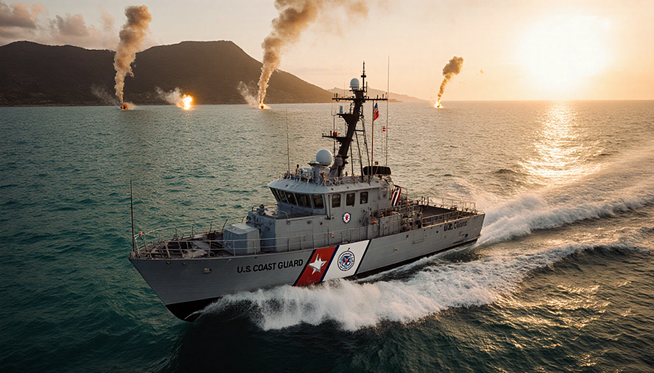 Coast Guard patrol boat speeding through turquoise waters with Venezuelan coastline in background and a golden sunset.