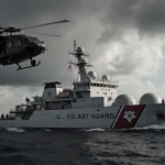 Helicopter lands on oil tanker deck with Coast Guard ship looming under stormy clouds