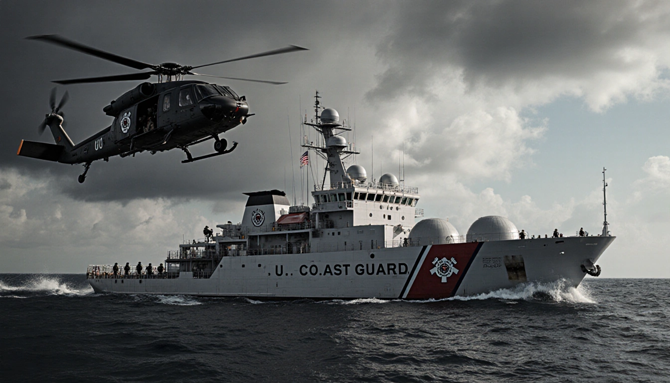 Helicopter lands on oil tanker deck with Coast Guard ship looming under stormy clouds