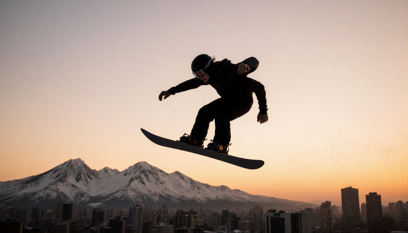 Silhouetted skier soaring above Beijing sunset with snow-covered mountains in background.