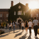 Students walking toward historic ivy building with sunset light and blooming flowers.