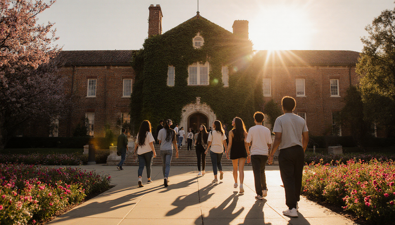 Students walking toward historic ivy building with sunset light and blooming flowers.