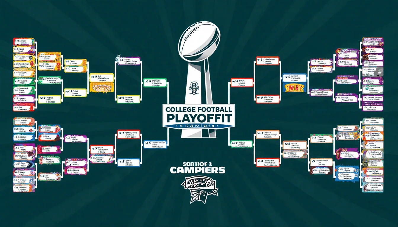 Bracket shows college football matchups with bold colors, team logos, and highlighted winners.