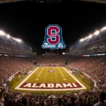 Crowd cheering in a packed college night stadium with the historic program logo overhead and the field glowing golden
