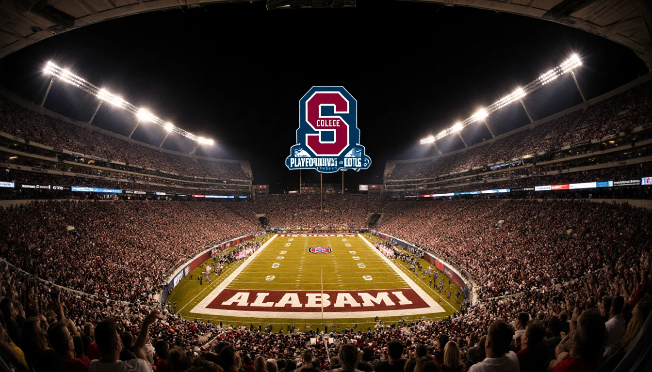 Crowd cheering in a packed college night stadium with the historic program logo overhead and the field glowing golden