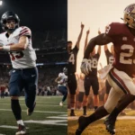 Football player throwing a touchdown pass with golden hour glow and teammate rushing toward end zone
