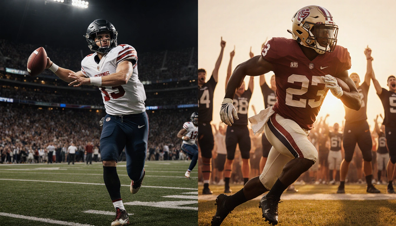 Football player throwing a touchdown pass with golden hour glow and teammate rushing toward end zone