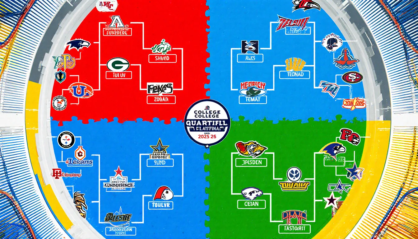 Circular bracket arranges college football playoff teams with logos in colored quadrants and stadium backdrop