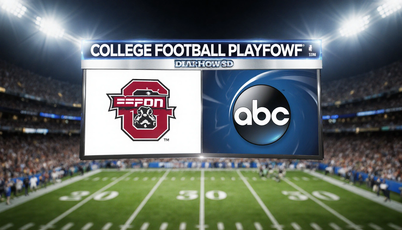 Split‑screen TV shows college football playoff games with ESPN and ABC logos and a blurred stadium backdrop