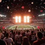 Crowd of college football fans cheers with banners and confetti at Rose Bowl stadium lights