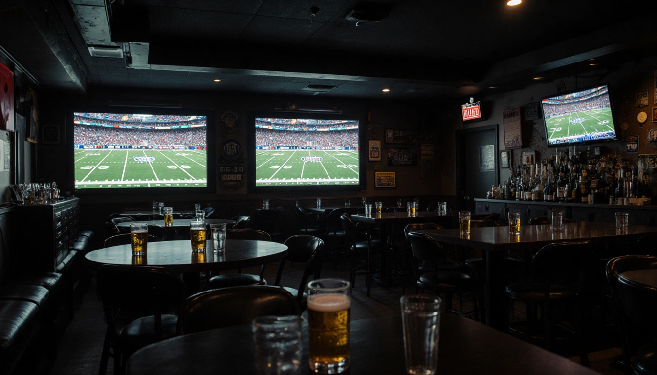 Sports bar showing muted College Football Playoff screens with dimmed lights and empty chairs