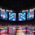 Screens display the playoff bracket with Indiana Ohio State and stadium lights casting glow colors spilling onto the floor