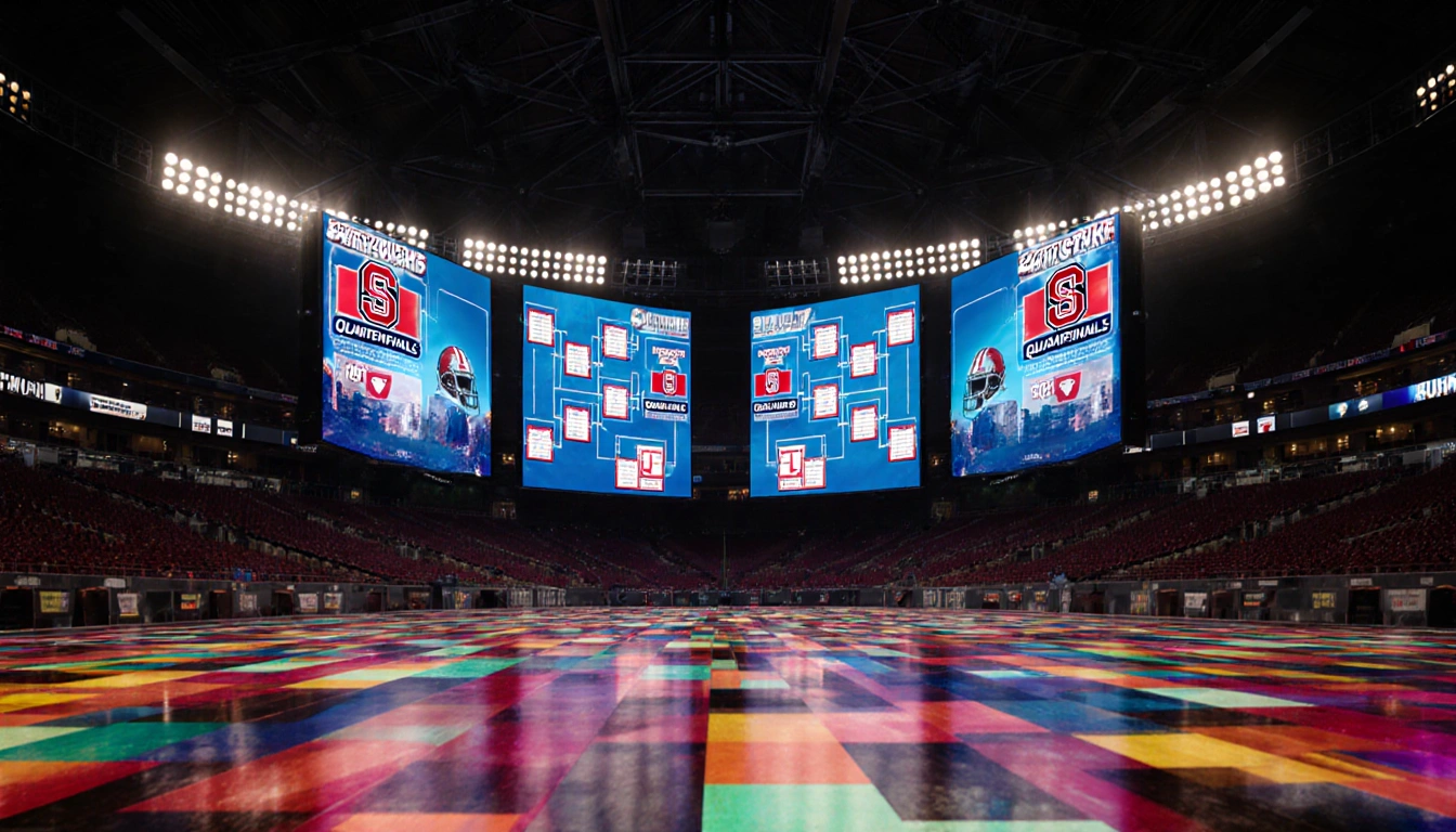 Screens display the playoff bracket with Indiana Ohio State and stadium lights casting glow colors spilling onto the floor