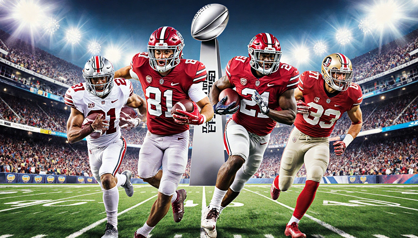 Ezekiel Elliott dashes across a football field with teammates and Sugar Bowl stadium behind, showing championship energy.