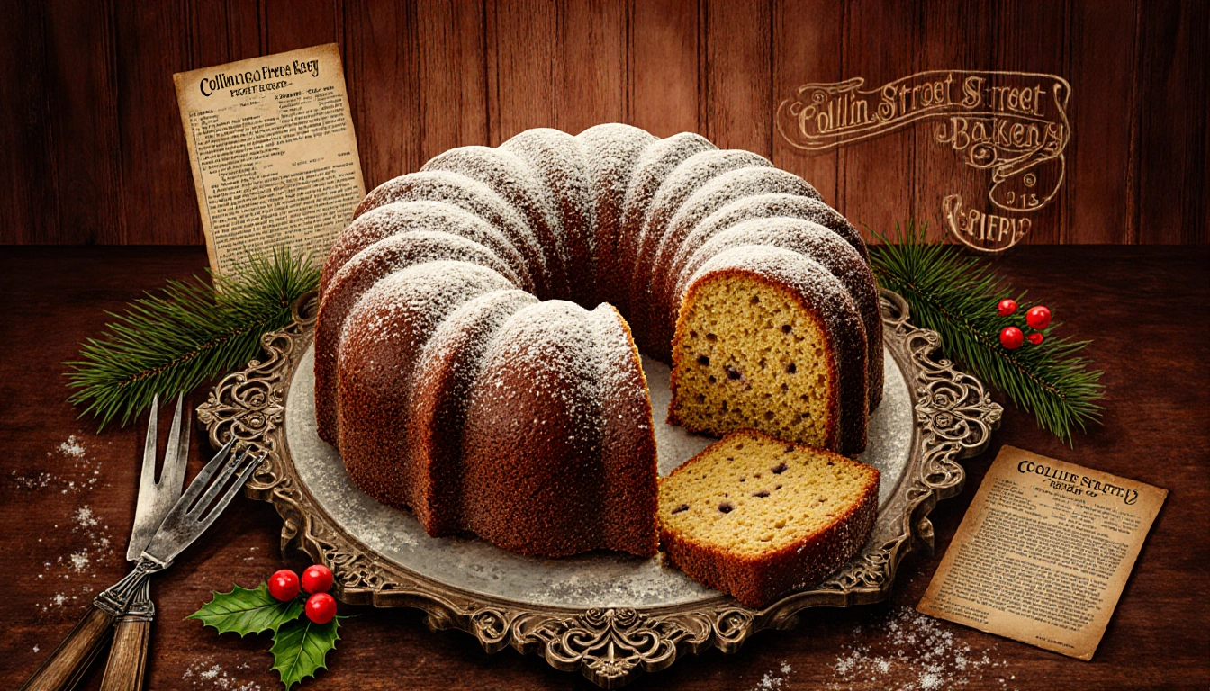 Fruitcake resting on ornate wooden table with festive evergreen branches and Texas vintage baking tools nearby