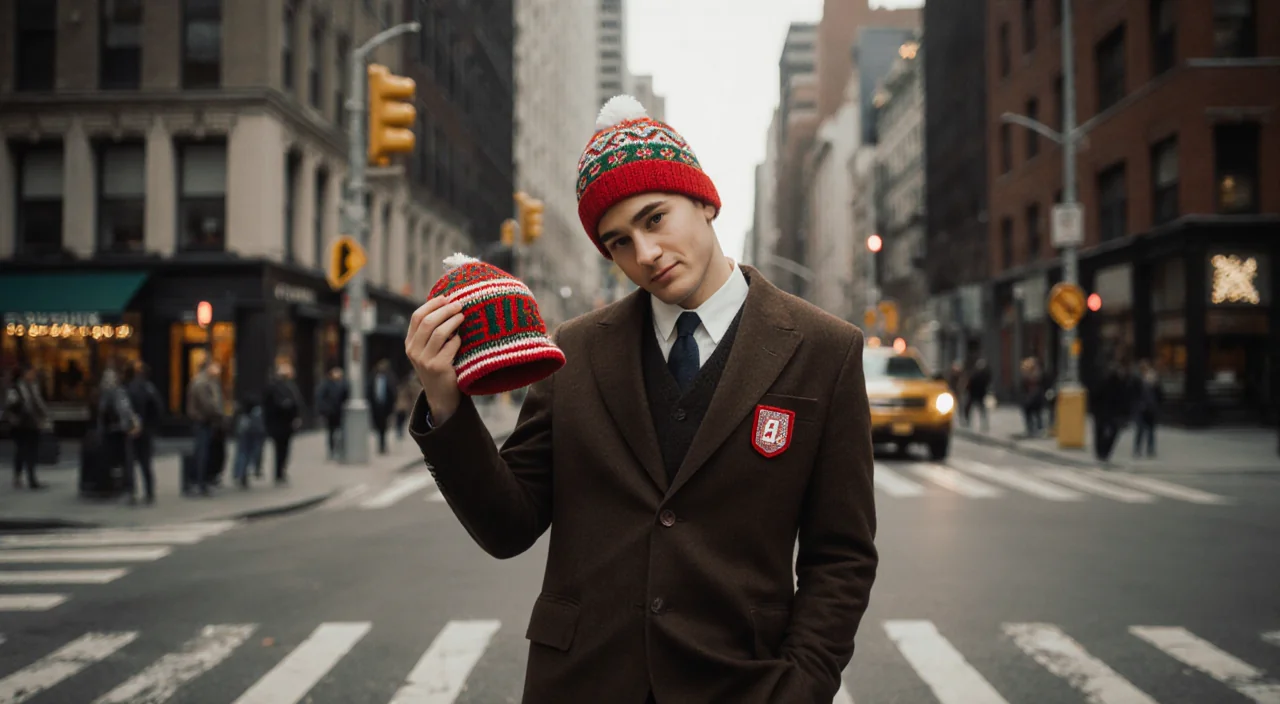 Collins posing confidently with Kevin McCallister hat in NYC street and Qiviuk Boutique logo subtly visible.