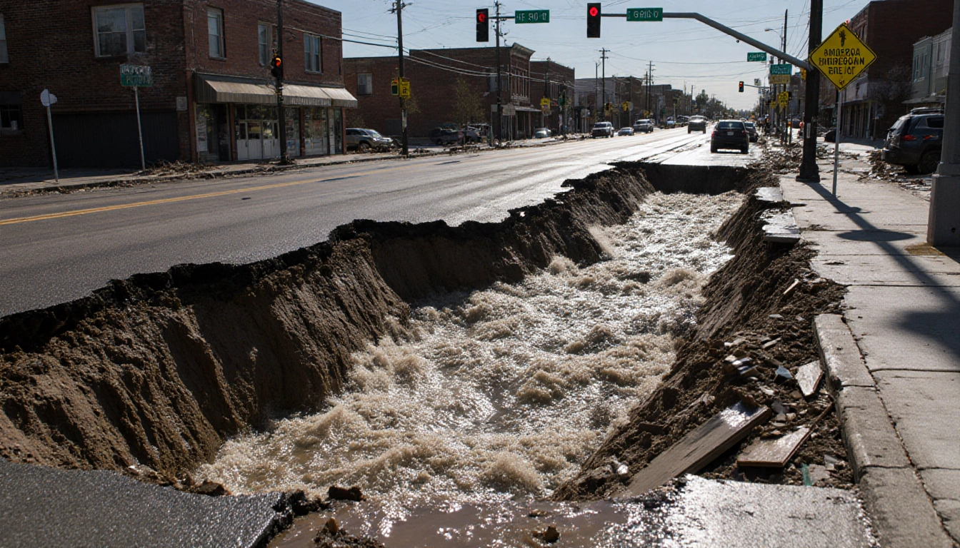 Colorado Street collapses revealing a gaping hole with fast-moving water and debris and cars nearby