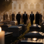 Dignitaries walking toward a communal grave with a solitary candle flickering in golden light